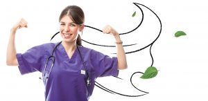 An image of a nurse (Telus Hero) in a strong pose and an illustration of a cape from her shoulders.