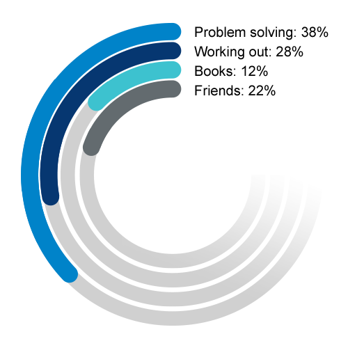 An image of a circular bar graph showing: Problem Solving 38%, Working Out 28%, Books 12%, Friends 22%