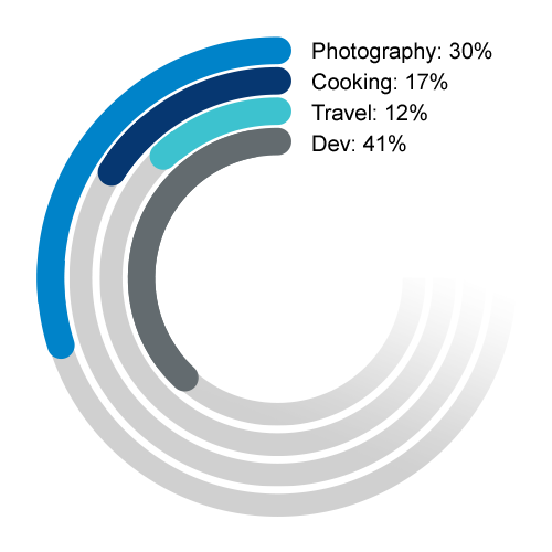 An image of a circular bar graph showing: Photography 30%, Cooking 17%, Travel 12%, Dev 41%